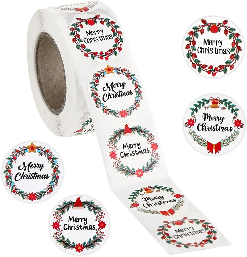 Fucibt 500 Pcs Merry Christmas Stickers for Envelopes, 1 Inch Circle Adhesive Christmas Labels Holiday Stickers Round Xmas Tag Envelope Seal Decals for Christmas Greeting Card, Presents and Gifts (1 in) - Image 1